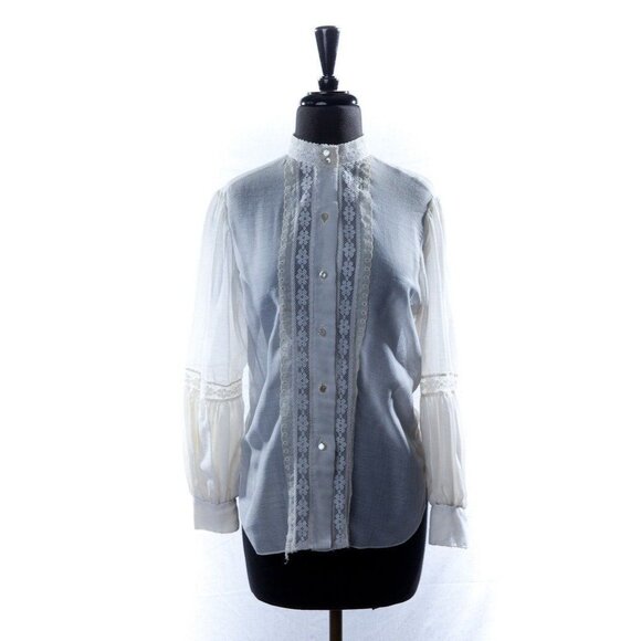 Vintage 1970's Neiman Marcus White Eyelet Floral Lace Blouse Pearl Buttons Long - Picture 1 of 10